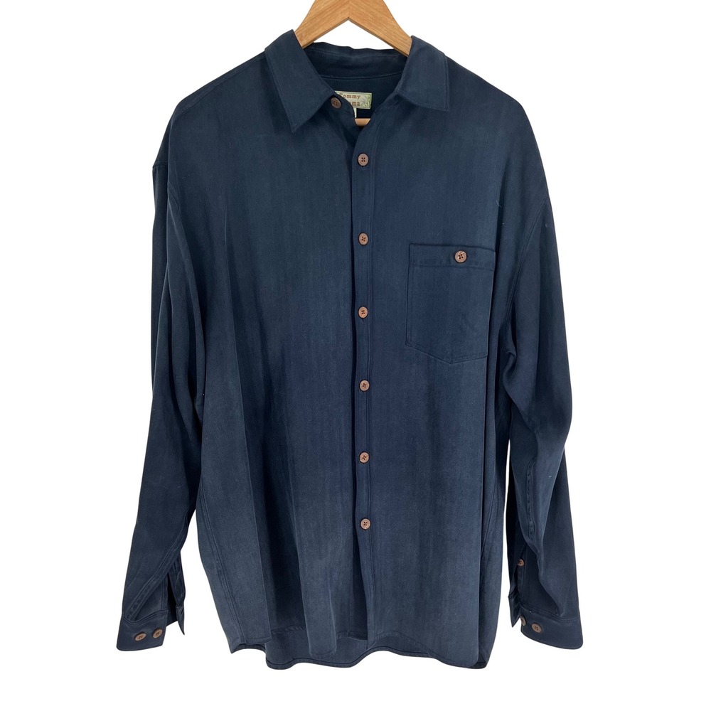 TOMMY BAHAMA 100% Silk Button Up Shirt Men's Large Black Herringbone Long Sleeve
